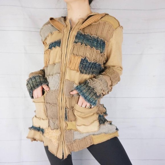 🍓HANDMADE ONE OF A KIND PATCHWORK GOBLIN CORE BROWN KNIT ZIP-UP HOODIE🍓 - Picture 2 of 4